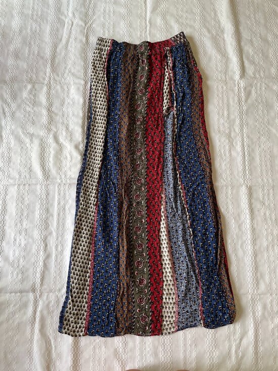 UK2LA Dresses & Skirts - Boho Striped Patchwork Maxi Skirt in Red, Blue, Olive & Cream Leg Slit